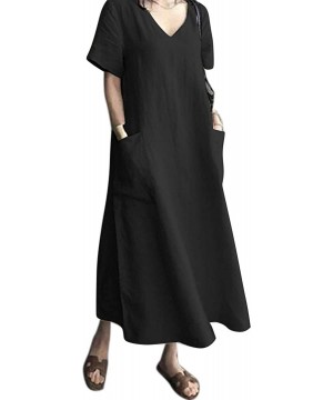 Nightgowns & Sleepshirts Women's Maxi Dress Solid Plus Size Loose Cotton Linen Long Dresses with Pockets - 01-black - C41979C...