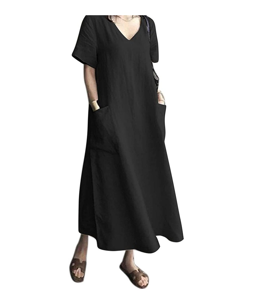 Nightgowns & Sleepshirts Women's Maxi Dress Solid Plus Size Loose Cotton Linen Long Dresses with Pockets - 01-black - C41979C...