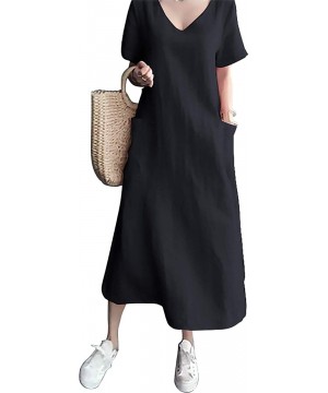 Nightgowns & Sleepshirts Women's Maxi Dress Solid Plus Size Loose Cotton Linen Long Dresses with Pockets - 01-black - C41979C...