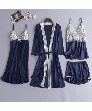 Baby Dolls & Chemises 4PC Women Satin Lace Lingerie-Camisole Bowknot Shorts Nightdress-Sexy Robe Pajamas Mini Teddy Sleepwear...