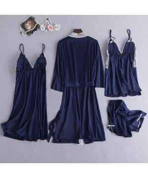 Baby Dolls & Chemises 4PC Women Satin Lace Lingerie-Camisole Bowknot Shorts Nightdress-Sexy Robe Pajamas Mini Teddy Sleepwear...