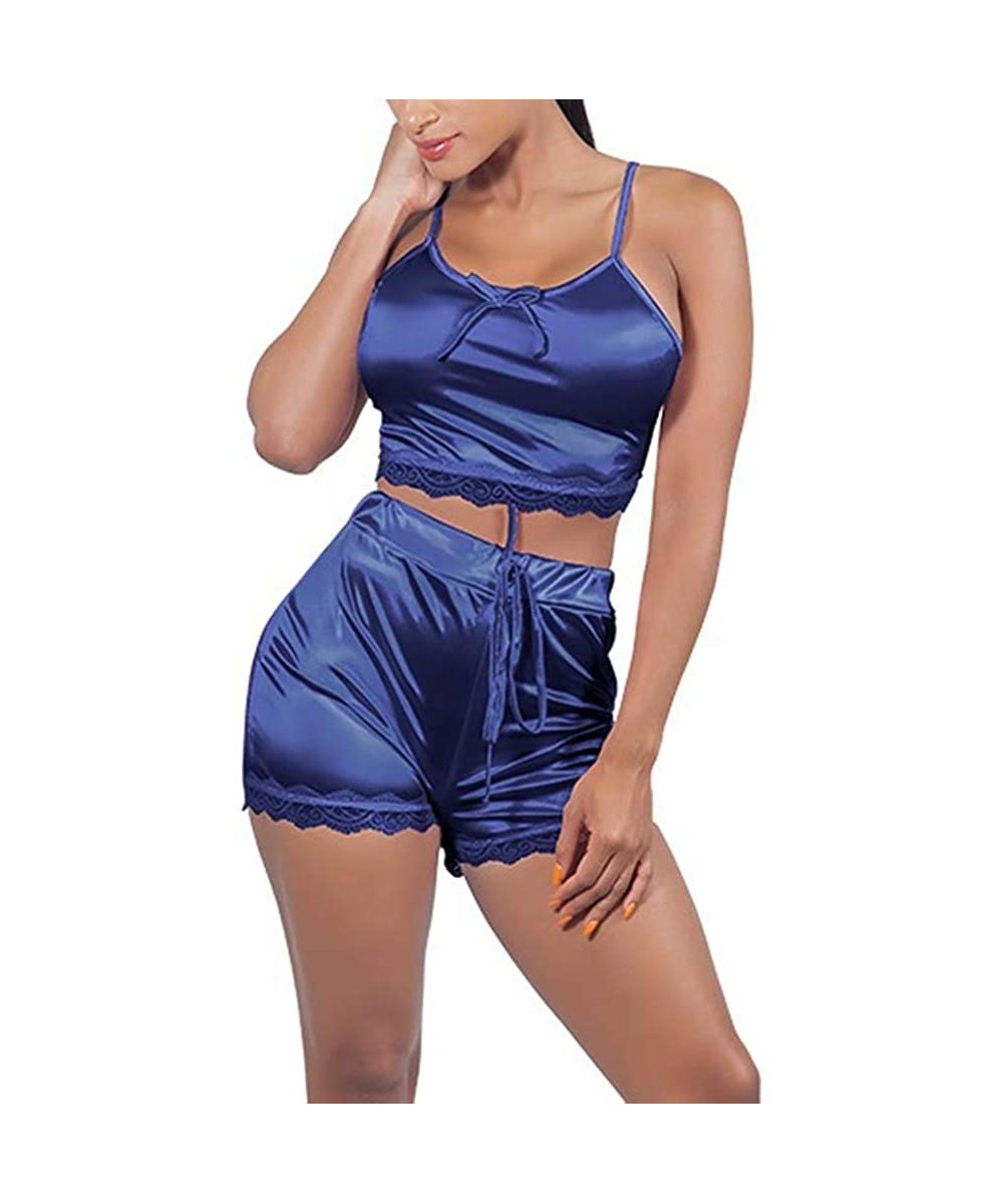 Tops Women's Lace Cami Top with Shorts with Panties 2 Piece Set Sexy Lingerie Pajama Set - Blue - CM1976O66D0