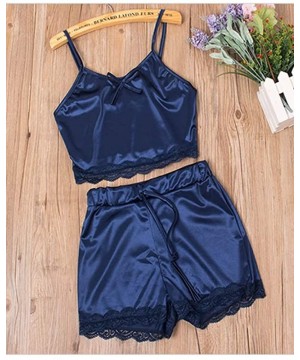 Tops Women's Lace Cami Top with Shorts with Panties 2 Piece Set Sexy Lingerie Pajama Set - Blue - CM1976O66D0