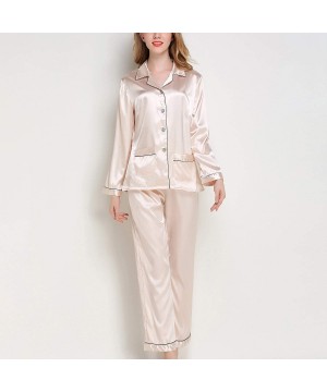 Sets Women's Petite Satin Pajama Set 2 Pieces Luxury Long Sleeves Panty Pockets Nightwear - Golden - C018Z57NHLM