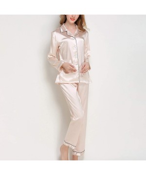 Sets Women's Petite Satin Pajama Set 2 Pieces Luxury Long Sleeves Panty Pockets Nightwear - Golden - C018Z57NHLM