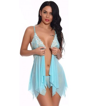 Baby Dolls & Chemises Womens V Neck Lace Nightgown Mesh Chemise Front Closure Babydoll Sleepwear Lingerie for Women - Sky Blu...