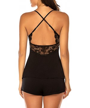 Sets Womens Lace Cami Pajama Sets Sexy V-Neck Camisole Short Sleepwear Set - Black - C718A3X57SR