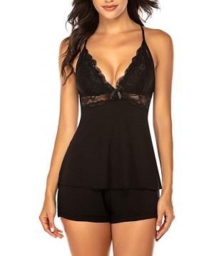 Sets Womens Lace Cami Pajama Sets Sexy V-Neck Camisole Short Sleepwear Set - Black - C718A3X57SR