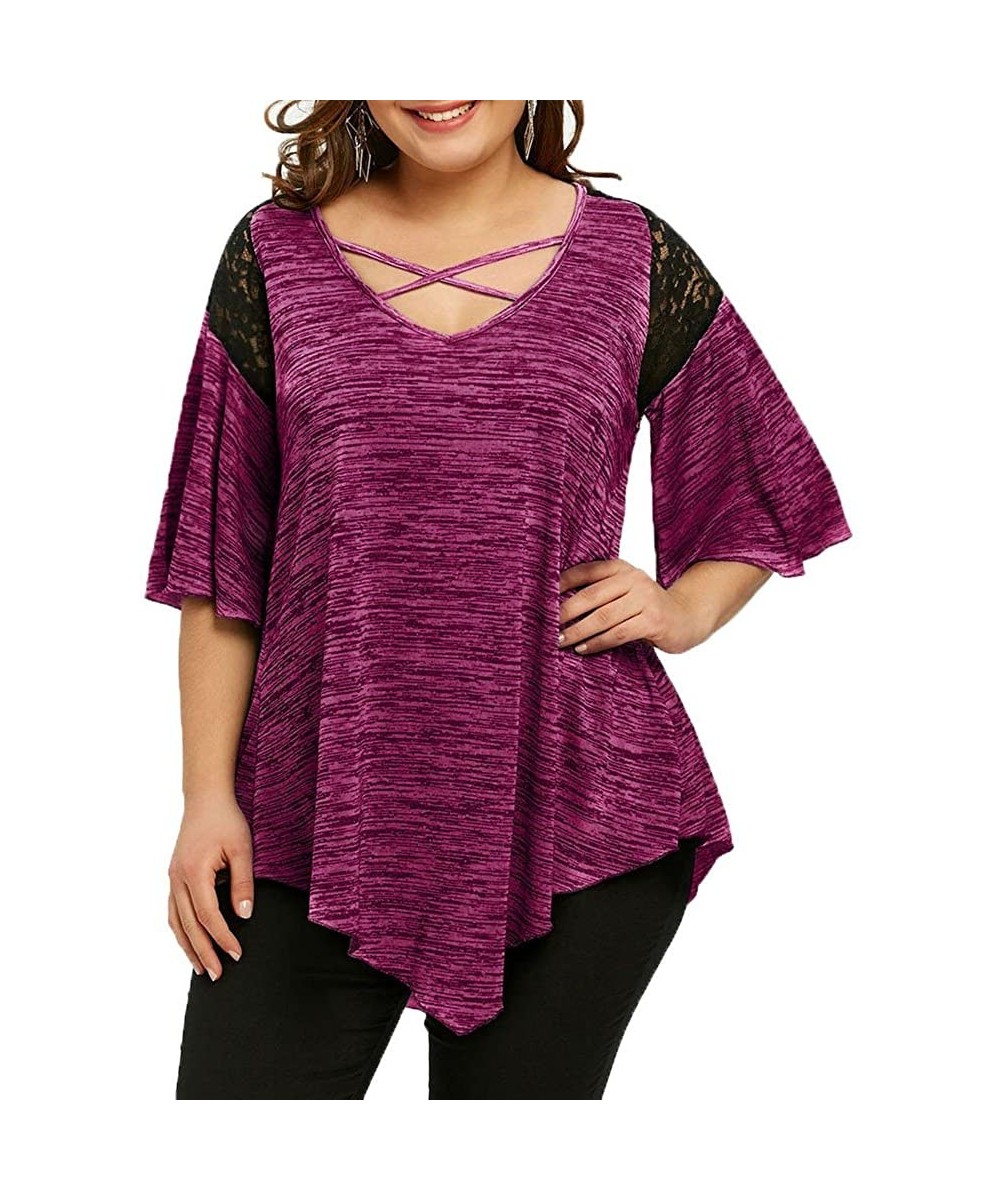 Sets Plus Size Henley V Neck Lace up Tops Patchwork Casual Short Sleeve Blouse Shirts - Z1_hot Pink - C0193E34U6M