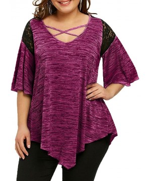 Sets Plus Size Henley V Neck Lace up Tops Patchwork Casual Short Sleeve Blouse Shirts - Z1_hot Pink - C0193E34U6M