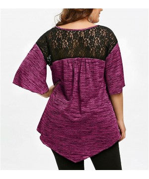 Sets Plus Size Henley V Neck Lace up Tops Patchwork Casual Short Sleeve Blouse Shirts - Z1_hot Pink - C0193E34U6M