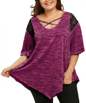 Sets Plus Size Henley V Neck Lace up Tops Patchwork Casual Short Sleeve Blouse Shirts - Z1_hot Pink - C0193E34U6M