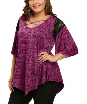 Sets Plus Size Henley V Neck Lace up Tops Patchwork Casual Short Sleeve Blouse Shirts - Z1_hot Pink - C0193E34U6M