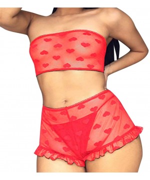 Nightgowns & Sleepshirts Women Lingeries Sleepwear Tube Top Strap Nightwear Lace Trim Satin Camisole Pajama Sets - Red - C518...