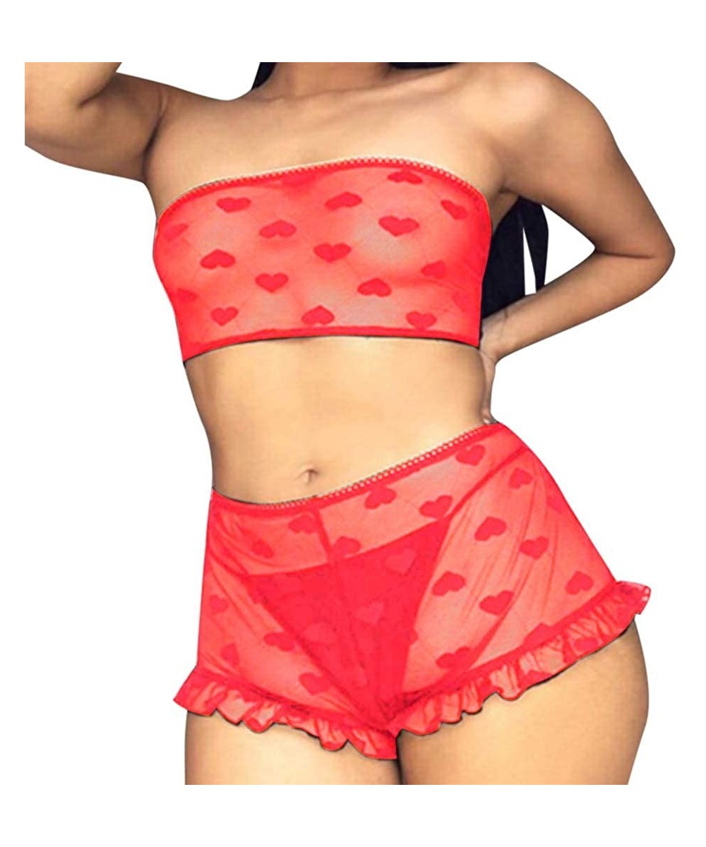 Nightgowns & Sleepshirts Women Lingeries Sleepwear Tube Top Strap Nightwear Lace Trim Satin Camisole Pajama Sets - Red - C518...