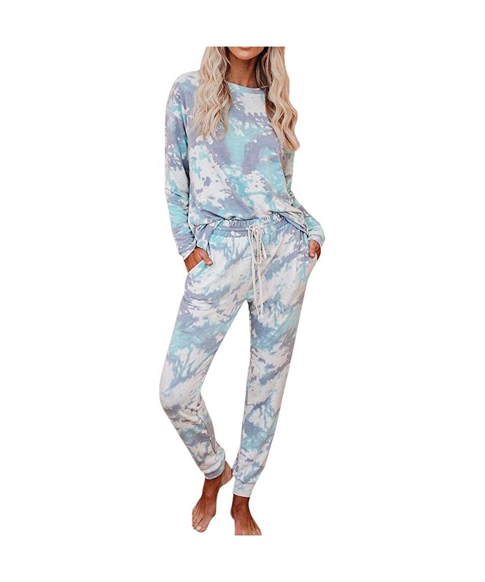 Sets Pajama Set for Women-Womens Tie Dye Printed Loungewear Set Long Sleeve Tops Joggers 2 Piece Pants PJ Set Nightwear - Gre...