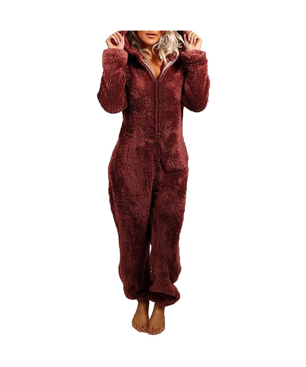 Onesies Women's Plush Warm Hood Onesie Pajama Christmas Flannel Hooded One Piece Pajamas Jumpsuit - Solid-wine Red - CM19G48Y7NK