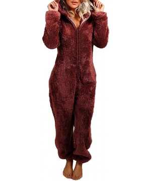 Onesies Women's Plush Warm Hood Onesie Pajama Christmas Flannel Hooded One Piece Pajamas Jumpsuit - Solid-wine Red - CM19G48Y7NK