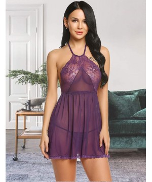 Baby Dolls & Chemises Women's Lace Halter Babydoll Sexy Lingerie Sleepwear Strap Chemise - A-violet - CN11K1MR5GB