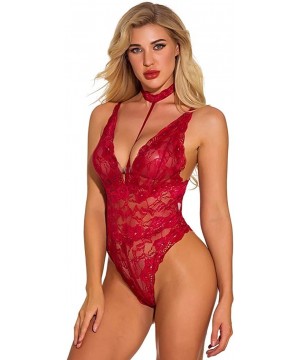 Garters & Garter Belts Women Sexy Teddy Lingerie One Piece Backless Babydoll Halter Mini Bodysuit - Wine - CK194043CEA