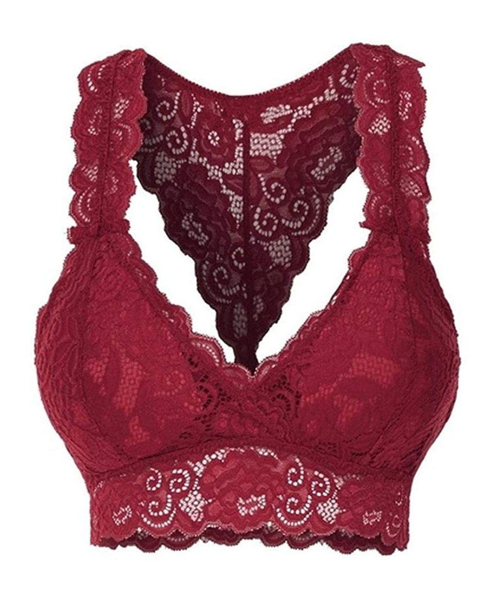 Bras Women Ladies Fashion V Neck Stretchy Floral Lace Hollow Out Bralette Bra Everyday Bras - Wine Red - CI190TS8WL9