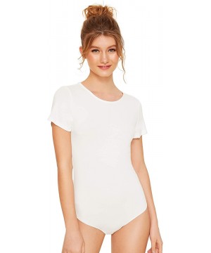 Shapewear Women's Basic Short Sleeve Stretchy Bodysuit Leotard Tops - Off White - C518RN5R8TS