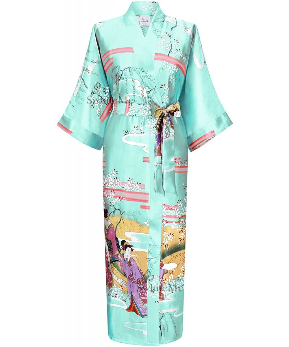 Robes Women's Kimono Robe- Long - [Side Seam Pockets] Geisha - Aqua - CN121PVUMAB