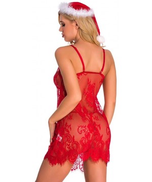 Baby Dolls & Chemises Christmas Lingerie for Women Sexy Blackless Lace Nightdress Sleepwear Thong with Hat 3PCS - Red - C518A...