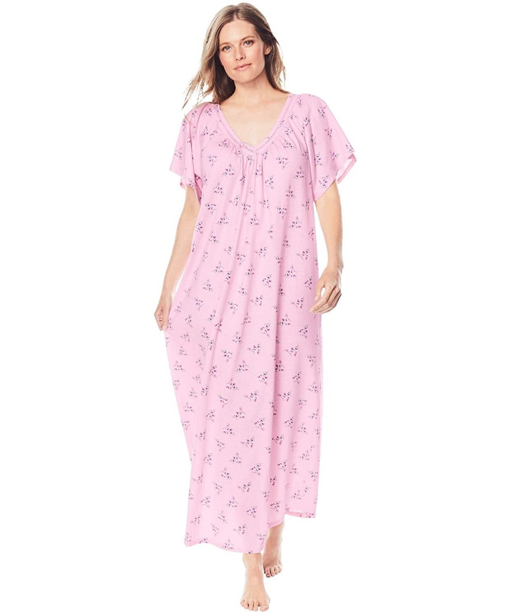 Nightgowns & Sleepshirts Women's Plus Size Crochet Trim Flutter Sleeve Gown Nightgown - Pink Floral (1740) - C8199KXSXUI