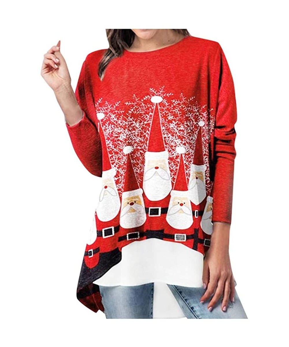 Thermal Underwear Women Christmas Floral Print Tops Long Sleeve Asymmetrical Hemline Tunic T-Shirt - Red2 - C7192ELLT7M