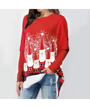 Thermal Underwear Women Christmas Floral Print Tops Long Sleeve Asymmetrical Hemline Tunic T-Shirt - Red2 - C7192ELLT7M