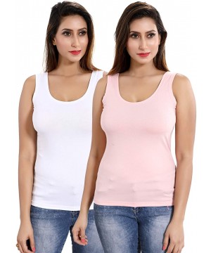 Camisoles & Tanks Women Lycra Cotton Tank Top Vest Pack of 2 - Multicolor - Pink-white - C7192R8N04N