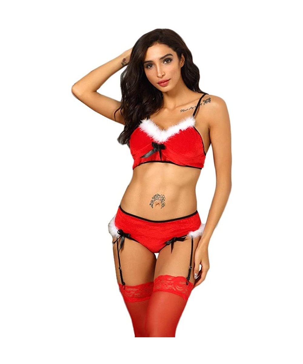 Baby Dolls & Chemises Chrismas Lingerie for Women Plus Size Womens Sexy Bra Velvet Lingerie Bow with Garter Set - Red - CI192...