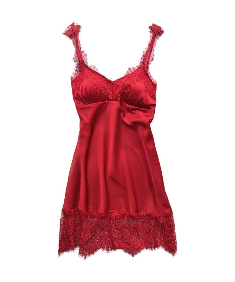 Bras Womens Solid Color Silk Nightdress with Chest Pad - Red - CO193U2CHZG