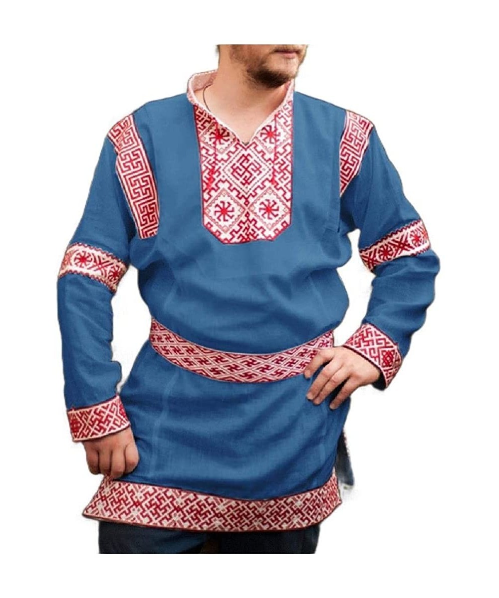 Robes Mens Loose Robe Printing Pattern Split Big and Tall Long-Sleeve Tunic Shirt - Blue - C3193MAIZI7