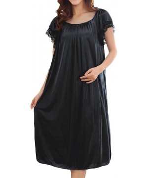 Nightgowns & Sleepshirts Women's Short Sleeve Loungewear Ice Silk Chemise Nightgown Nightwear - Black - C218RY69Q73