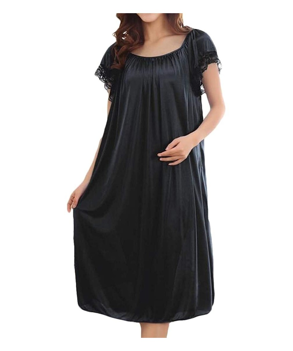 Nightgowns & Sleepshirts Women's Short Sleeve Loungewear Ice Silk Chemise Nightgown Nightwear - Black - C218RY69Q73