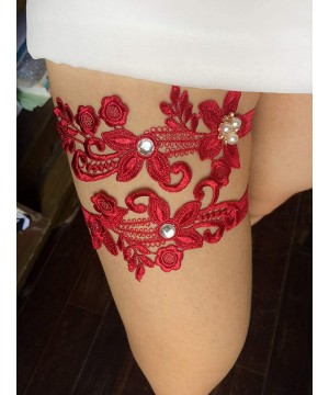 Garters & Garter Belts Lady Sexy Lace Wedding Garter Set for Bride Rhinestones Bridal Garters - A-dark Red - C518HA9UY40