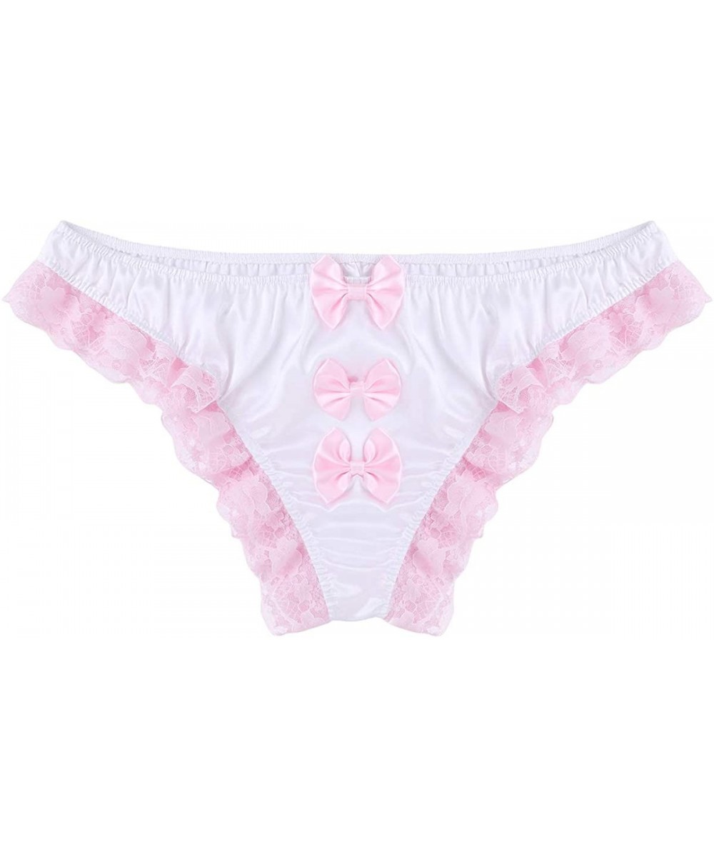 Briefs Men's Frilly Satin Ruffled Sissy Pouch Panties Bow Bikini Briefs Underwear - Pink Bow - C318M6D8RSU