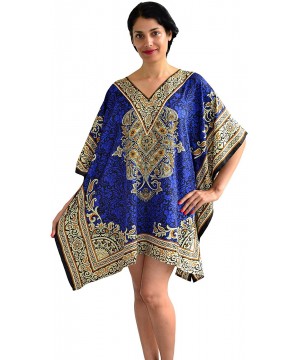 Nightgowns & Sleepshirts Women's Taj Border Poly Microfiber Short Caftan - Blue - CO11PDKZ14J