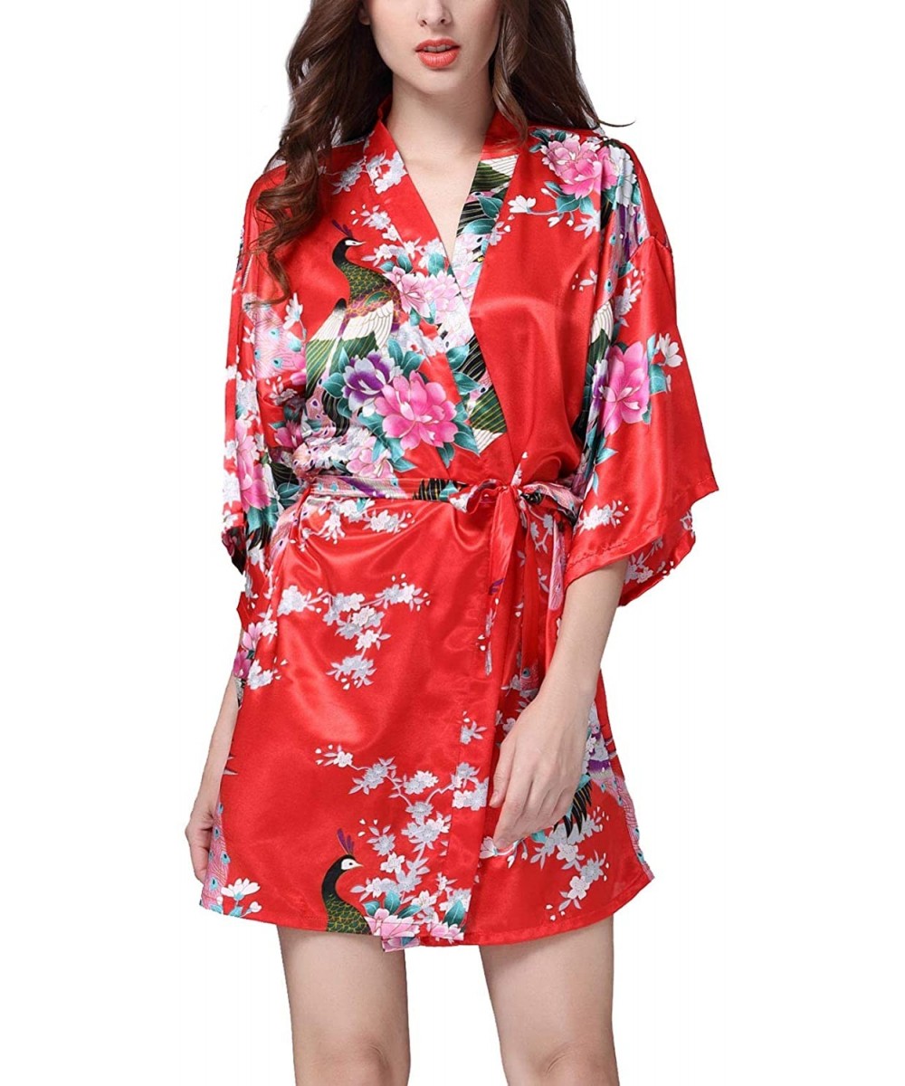 Nightgowns & Sleepshirts Women Floral Kimono Sleepwear Bridal Dress for Wedding Bridal Party Bridesmaid Robe - Red - CP18KG65CN3