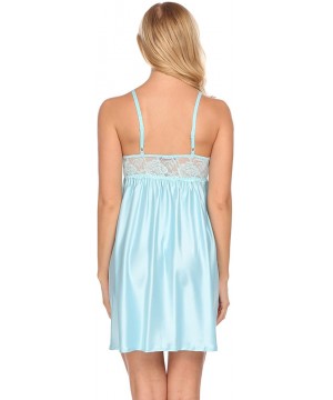 Sets Women Satin Chemise Nightgown Lace Trim Nightie Nightdress Sleepwear - Light Blue - CV180M6UQ4I