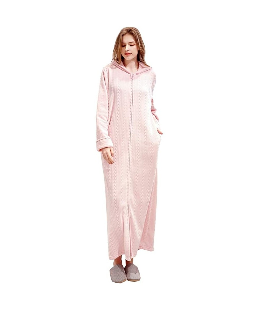 Robes Long Hooded Bath Robe for Women Zipper Spa Bathrobe Flannel Nightgown Housecoat - 760hooded Pink - CF194W4KA2I