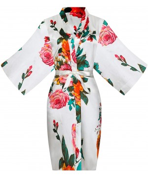 Robes Women's One Size Rose Flowers Silky Satin Short Kimono Robe for Wedding Getting Ready - White - CU18LGUYU2K