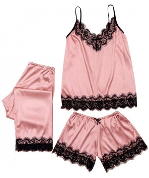 Sets Sleepwear for Women Sexy Plus Size Lace Satin Camisole Bow Trousers Shorts Casual Girls Pajamas Three Piece Set Pink - C...