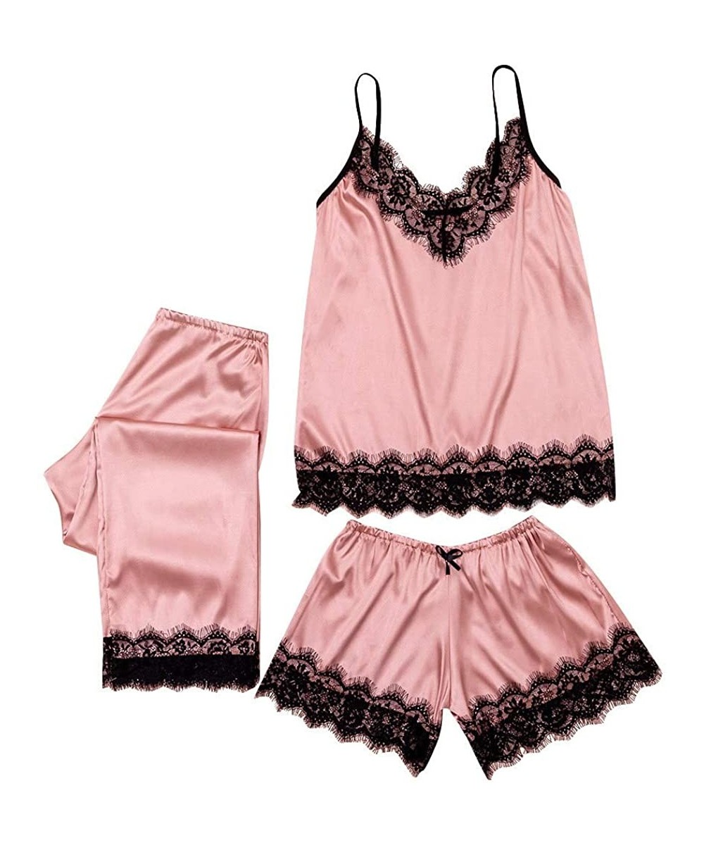 Sets Sleepwear for Women Sexy Plus Size Lace Satin Camisole Bow Trousers Shorts Casual Girls Pajamas Three Piece Set Pink - C...