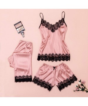 Sets Sleepwear for Women Sexy Plus Size Lace Satin Camisole Bow Trousers Shorts Casual Girls Pajamas Three Piece Set Pink - C...