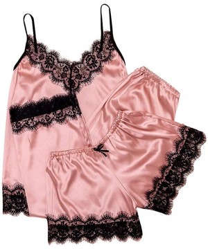 Sets Sleepwear for Women Sexy Plus Size Lace Satin Camisole Bow Trousers Shorts Casual Girls Pajamas Three Piece Set Pink - C...