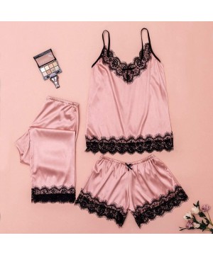 Sets Sleepwear for Women Sexy Plus Size Lace Satin Camisole Bow Trousers Shorts Casual Girls Pajamas Three Piece Set Pink - C...