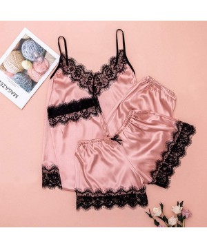 Sets Sleepwear for Women Sexy Plus Size Lace Satin Camisole Bow Trousers Shorts Casual Girls Pajamas Three Piece Set Pink - C...